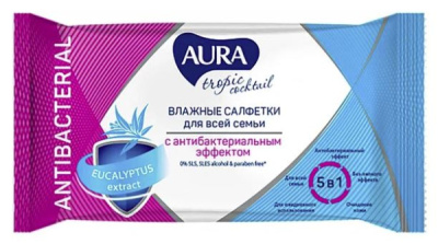 Салфетки влажные детские AURA Тропический коктейль антибактериальные 60шт 477859